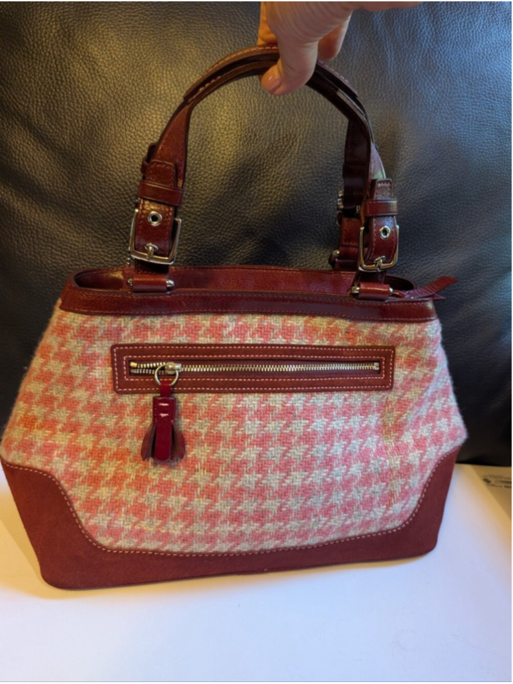 Vintage Coach Hamptons Tweed Suede Handbag Gingham Houndstooth in EUC Ji